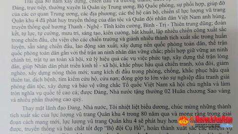 THƯ CỦA CHỦ TỊCH NƯỚC LƯƠNG CƯỜNG Chúc mừng cán bộ, chiến sĩ lực lượng vũ trang Quân khu 4