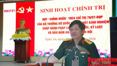 Đoàn Kinh tế - Quốc phòng 4 (Quân khu 4): Sinh hoạt chính trị “chỉnh huấn” theo Chỉ thị số 76 của Bộ Quốc phòng và rút kinh nghiệm chấp hành pháp luật, kỷ luật và bảo đảm an toàn.