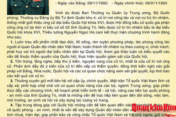 Chương trình hành động ứng cử đại biểu Quốc hội khóa XVI của Thiếu tướng Nguyễn Ngọc Hà