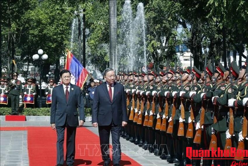 Lễ đón trọng thể Tổng Bí thư Tô Lâm và phu nhân tại Thủ đô Viêng Chăn (Lào)