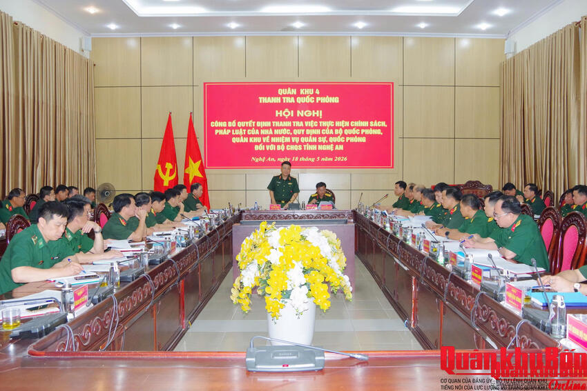 Thanh tra Quốc phòng Quân khu 4 công bố quyết định thanh tra Bộ Chỉ huy Quân sự tỉnh Nghệ An.