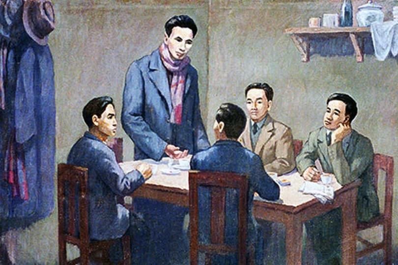 Hội nghị thành lập Đảng Cộng sản Việt Nam ngày 3/2/1930 (Ảnh chụp lại tranh của họa sĩ Phi Hoanh tại Bảo tàng Lịch sử Quốc gia/nguồn: dangcongsan.vn).