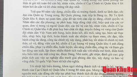 Thư khen Cục Chính trị Quân khu 4 của Bộ trưởng Bộ Quốc phòng