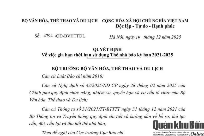 Gia hạn thời hạn sử dụng Thẻ nhà báo kỳ hạn 2021–2025 đến hết ngày 31/3/2026