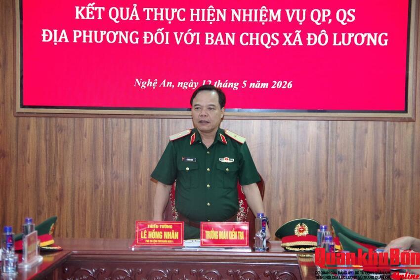 Quân khu 4: Kiểm tra thực hiện nhiệm vụ quốc phòng, quân sự địa phương tại Ban Chỉ huy Quân sự xã Đô Lương