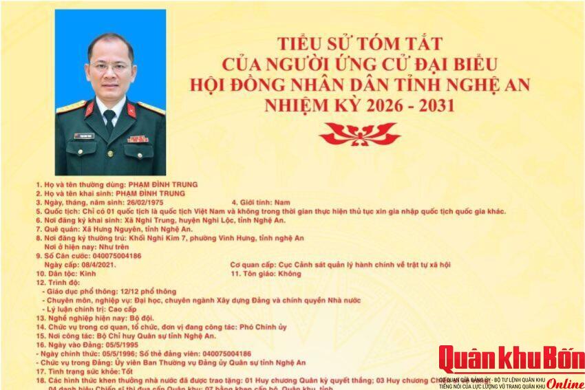 Tiểu sử tóm tắt Đại tá Phạm Đình Trung, Ứng cử đại biểu Hội đồng nhân dân tỉnh Nghệ An, nhiệm kỳ 2026-2031